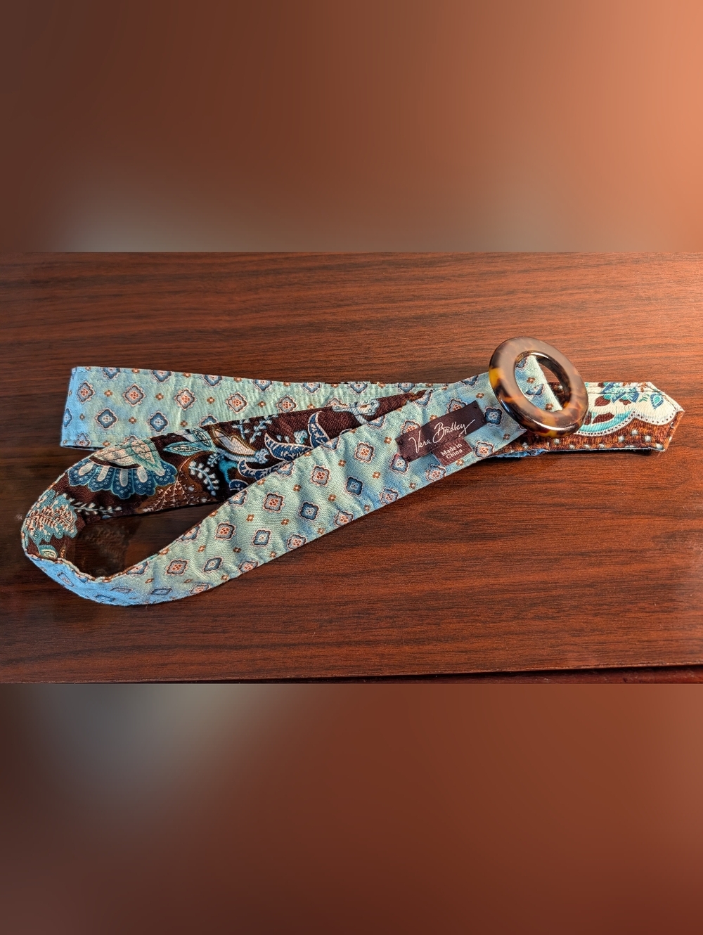 Vera Bradley Blue & Brown Paisley Fabric Belt with Tortoise Shell Style Buckle